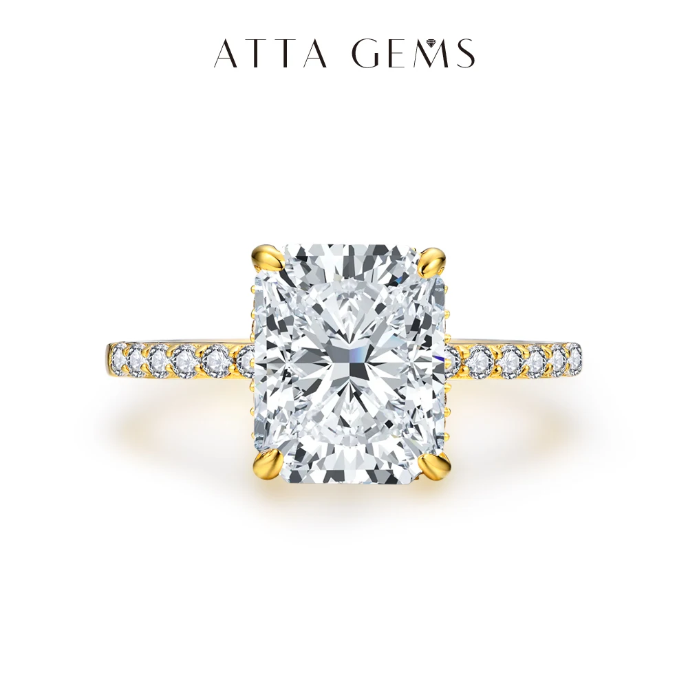 

ATTAGEMS Classic Radiant Cut 4CT Moissanite Rings Gold Plated Copper Hidden Halo Engagement Ring Bridal Promise Jewelry for Her