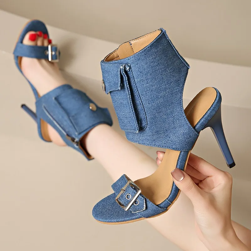 Open Toe Stiletto Women's Cool Boots Summer Metal Belt Buckle Side Zipper Non-Slip Wear-Resistant Super High Heels Women Sandals