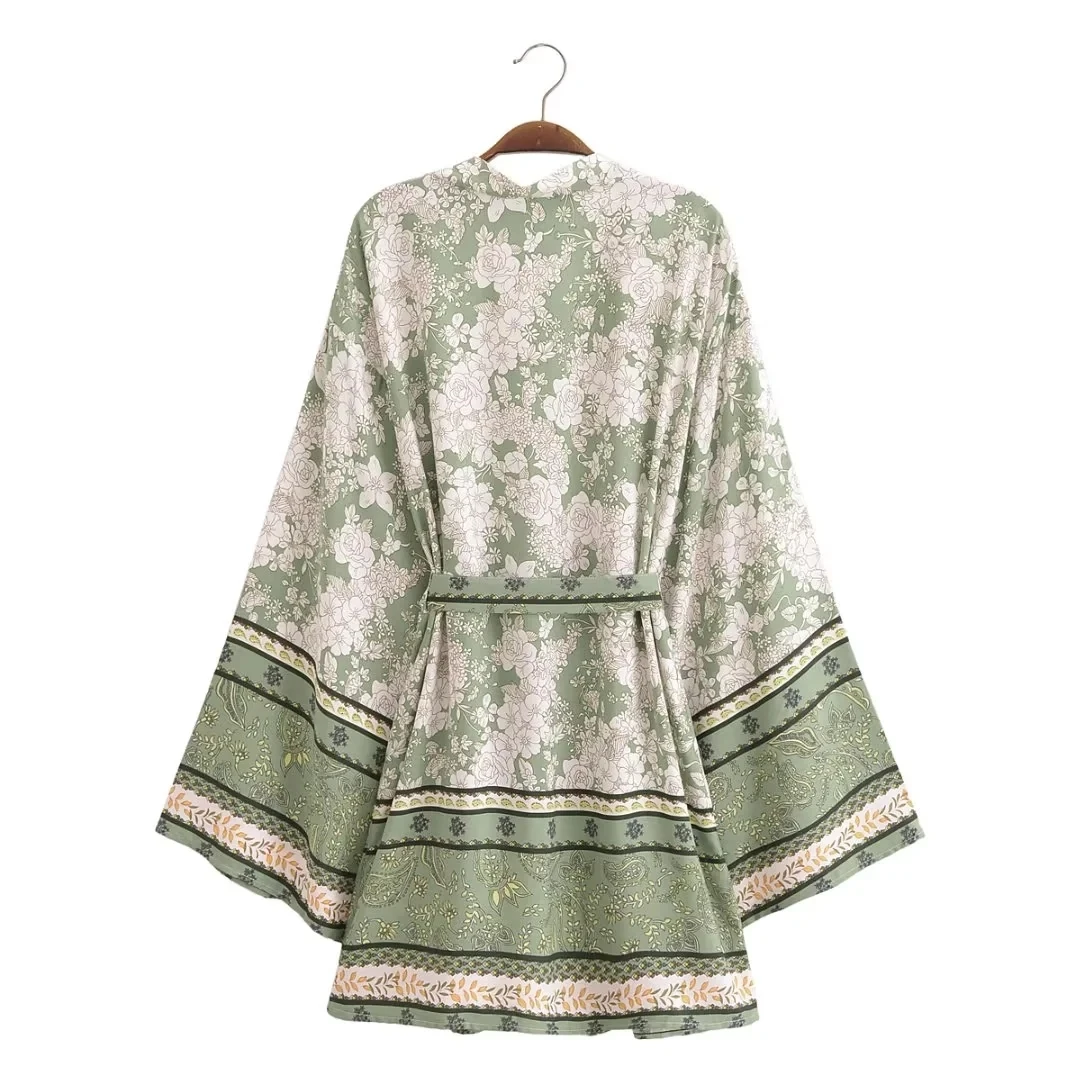 กิโมโนแขนเสื้อเสื้อผู้หญิง Cover-ups Vintage ดอกไม้พิมพ์ผ้าฝ้ายเรยอนฤดูร้อน Boho Beach สวม Robe vestidos