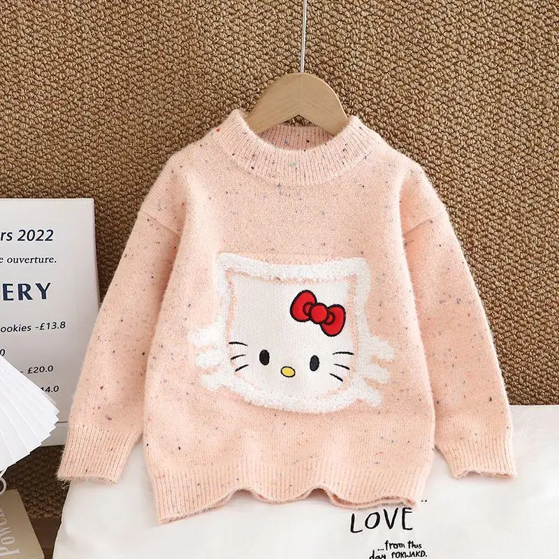 Hot Sanrio Girl Hello Kitty Embroidery Sweater Kuromi Kawaii Children Sweater with Velvet Thickening Cartoon New Pattern Gift