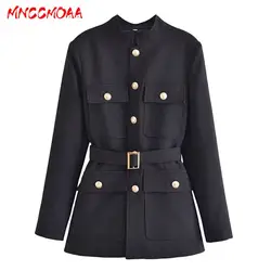 MNCCMOAA 2024 Autumn Women Fashion Single-Breasted Stand Neck Blazers Coat Female Solid Color Casual Belt Outwear Tops Outerwear