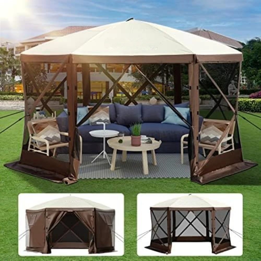 

Canopy Gazebo Pop-up Camping Screen Tent,12 x12ft 6 Sided Shelter Tent with Mesh Windows,Carry Bag & Ground Stakes Canopy Gazebo