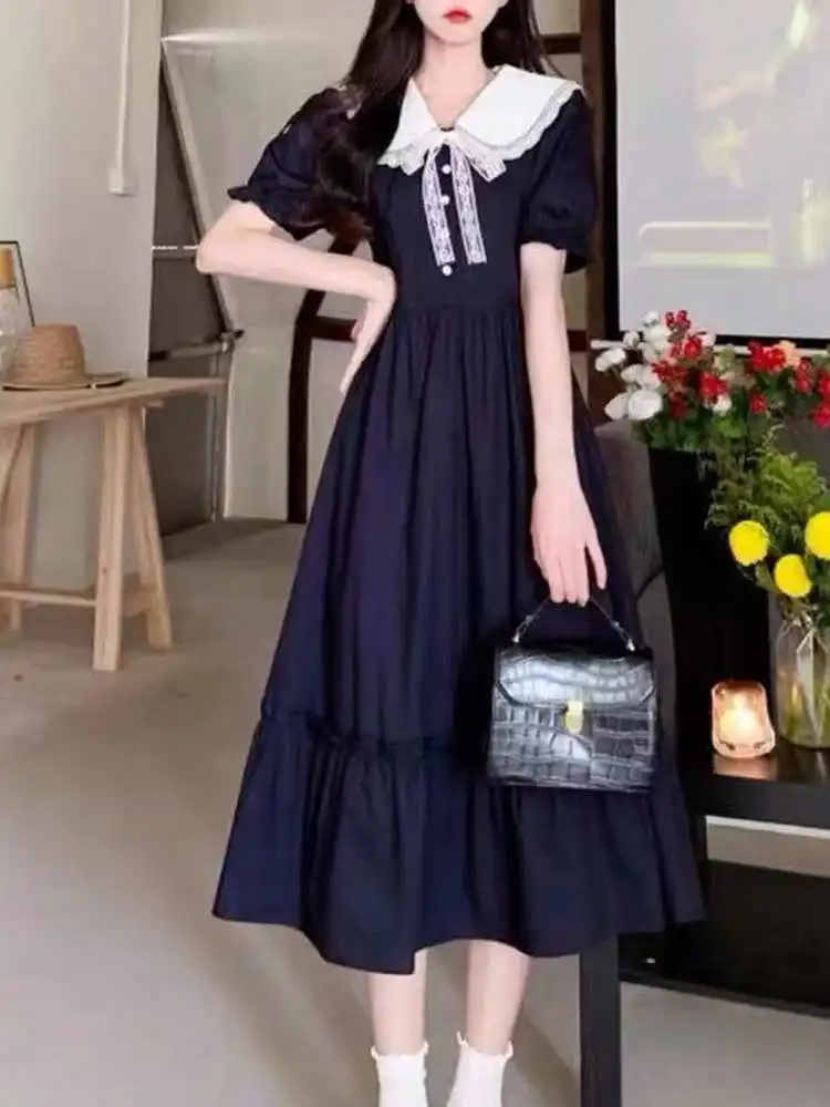 Dulce universidad Sle muñeca Collar dobladillo con volantes Dr mujeres verano talla grande estudiante chica adelgazante aspecto joven largo Dr