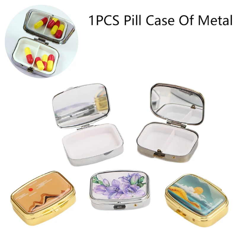 Square Pill Boxes Portable 2 Cell Folding Metal Pill Boxes Medicine Organizer Container Medicine Case Splitters Pill Candy Box