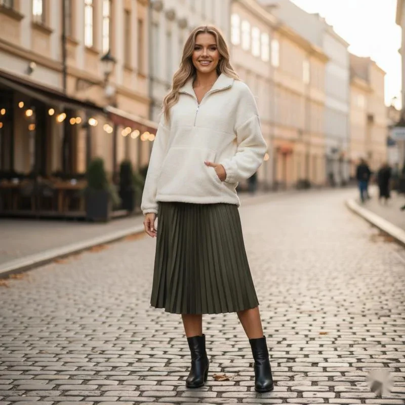 

Fashion Women Wool Warm Jacket Long Sleeve Solid Color With Semi-zipper And Multifunctional Pockets Loose Fit Autumn Casual Wear