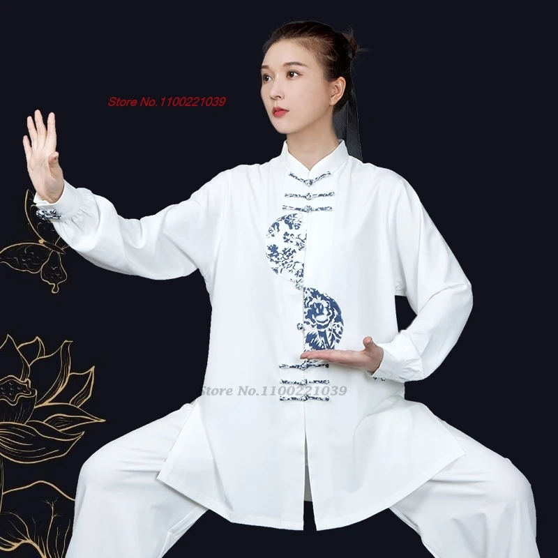 

2024 traditional tai chi kungfu exercise tops+pants set flower print cotton linen martial arts wushu practice performance suit