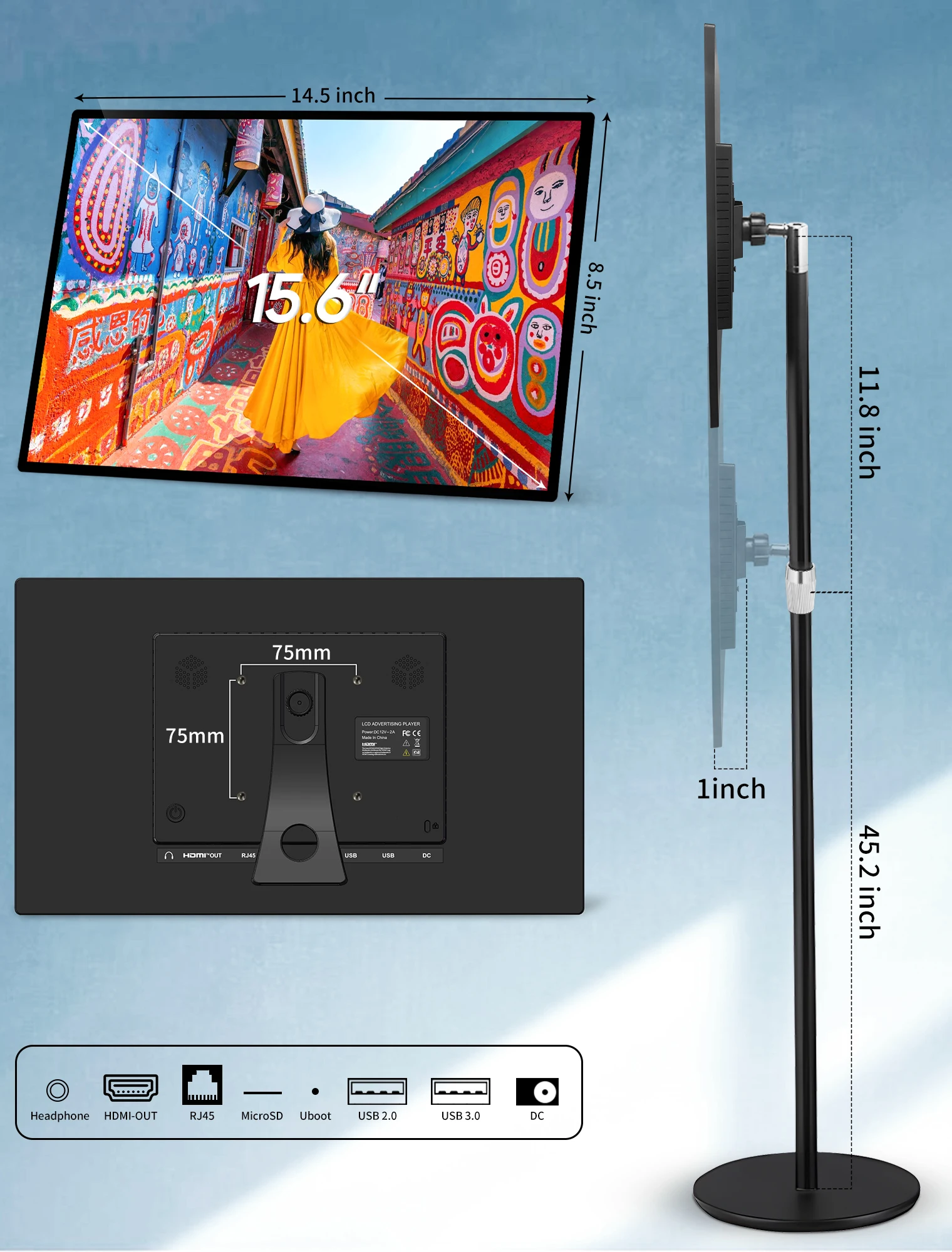15,6 inch commerciële digitale sigange Android11 2 + 32 GB alles-in-één tablet met vloerstandaard Kioskbeugel voor kalenderweergave
