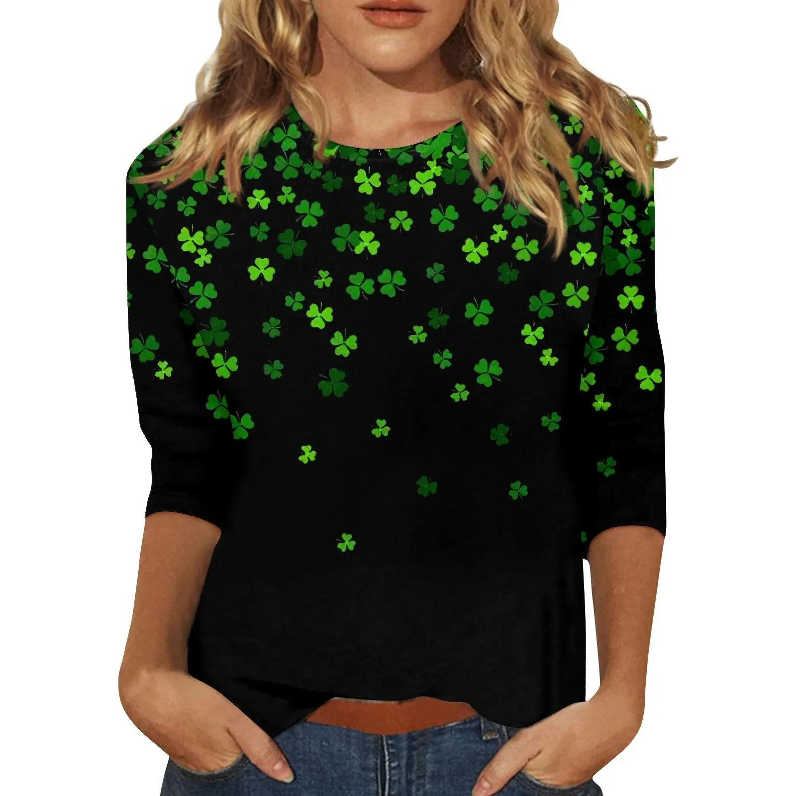 

Women T-shirt 3/4 Sleeve Shirts St. Patrick's Day Print Graphic Tees Casual Basic Tops Pullover Green Summer Harajuku Tops