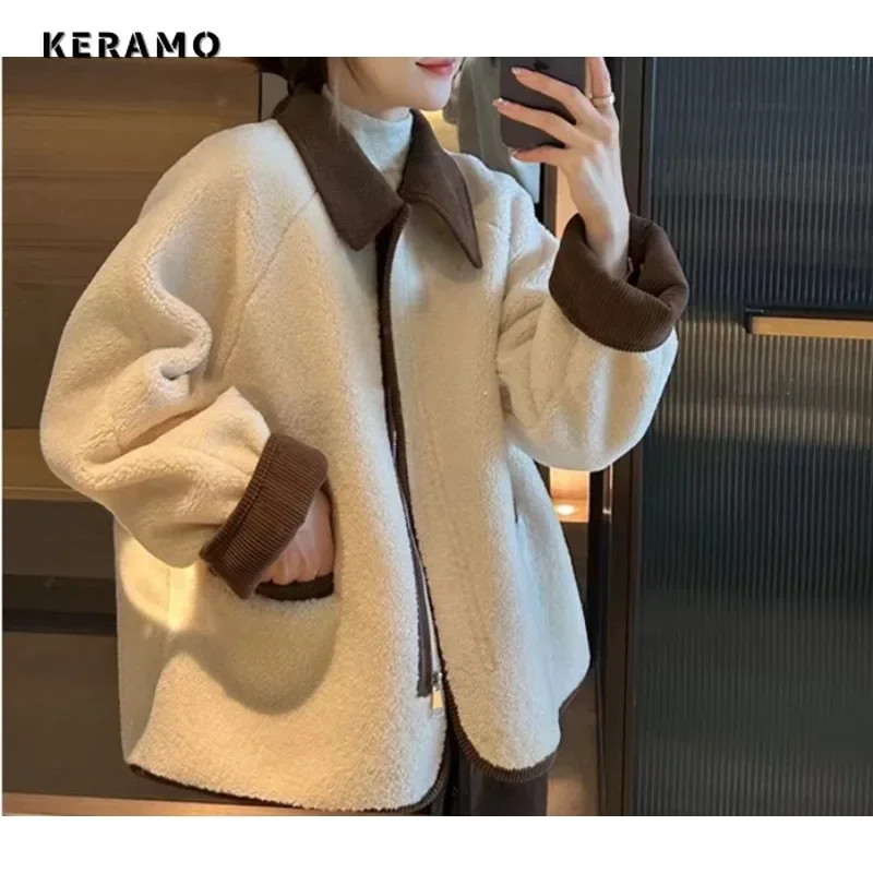 

2023 Winter Female Vintage Style Turn Down Collar Zipper Loose Jacket For Women Office Lady Fashion Patchwork Luxury Baggy Coat