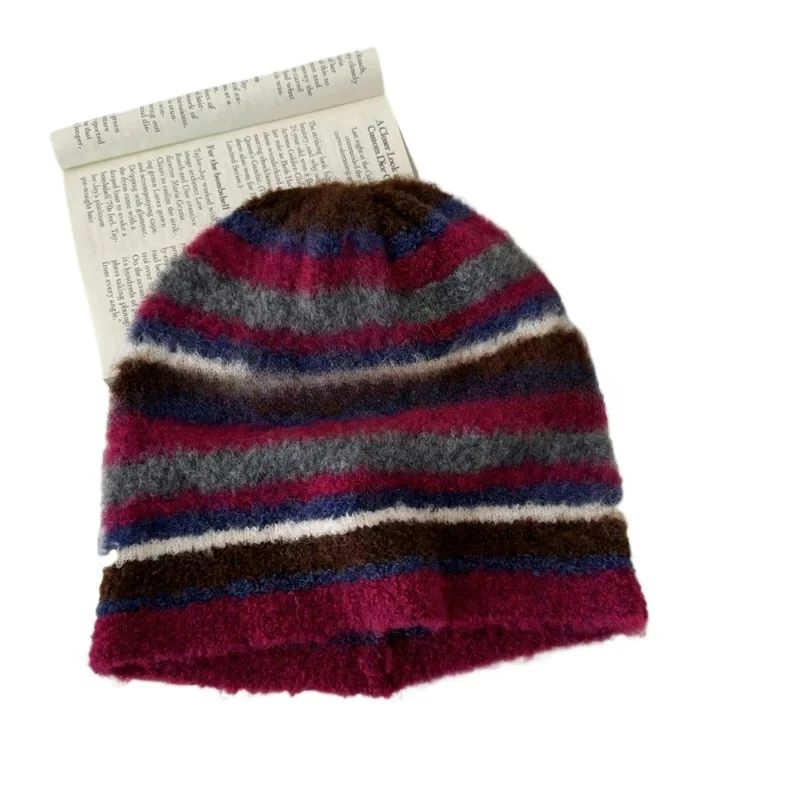 Japońska czapka z dzianiny w paski w stylu retro dla mężczyzn i kobiet, zimowa ochrona uszu i ciepła czapka narciarska z czaszką Gorras — zdjęcie 2