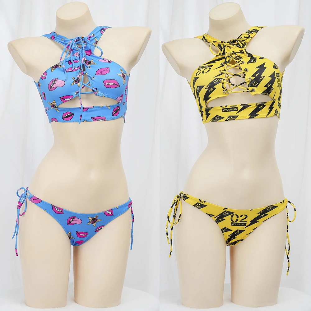 

Sexy Bikini 2026 Red Lip Print Swimsuit Women Split Bathing Suit Low Waist Bikinis Sets Beach Swimwear