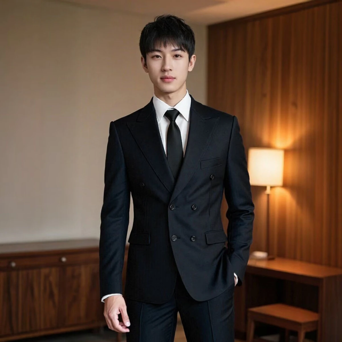 

Модный повседневный мужской костюм из Гонконга Sle, свободный крой, весенне-осенний универсальный костюм для отдыха, длинный свек, откидной воротник, двойная пуговица