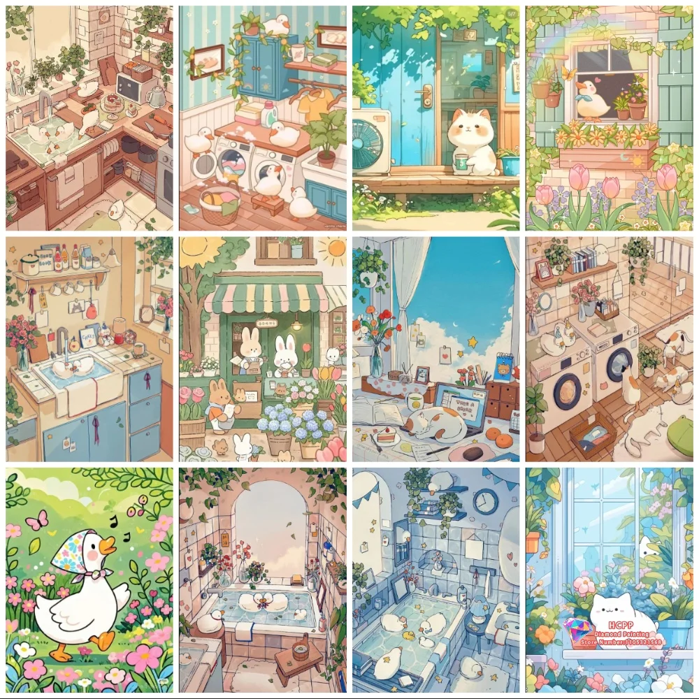 Cute Cartoon Cat Duck Cozy House Interior 5D DIY Diamond Painting Set with Square and Round Diamonds Handmade Home Decor Gifts