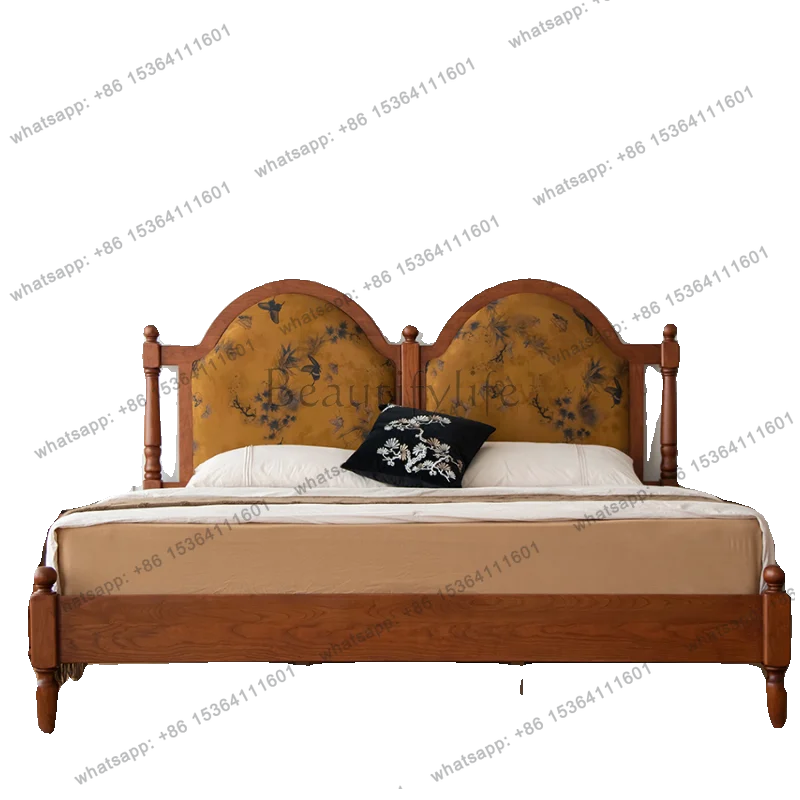 French retro solid wood cherry wood fragrant cloud yarn soft bag bed 1.8/1 meters medieval double bed