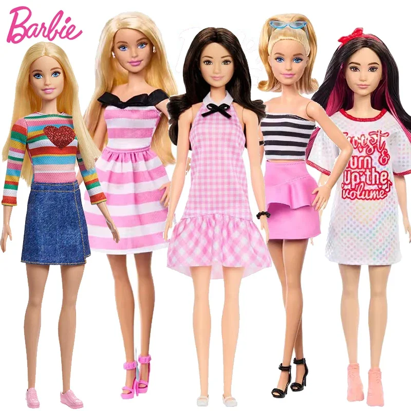 Original Barbie Fashionistas Dolls 65th Anniversary Pink Checkered Striped Dress Gingham 1/6 Toys for Girls Clothes Accessories