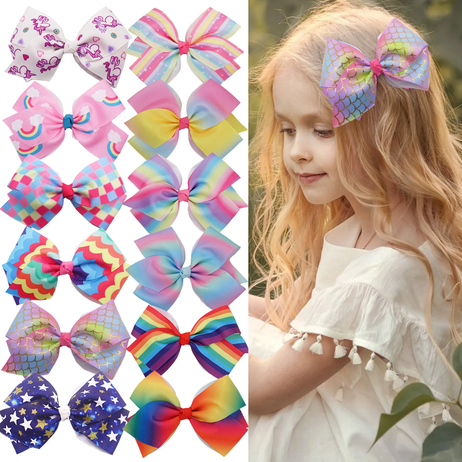 

72pcs Baby Girls Hair Accessories 4.5-Inch Grosgrain Ribbon Bows Star Rainbow Mermaid Print Hair Clips & Hairpins Bulk Pack