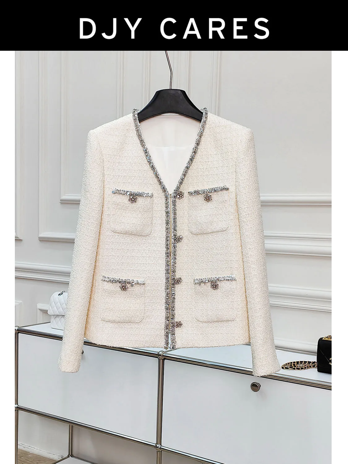 

New Coarse tweed high-end border V-neck jacket reducing versatile top big size