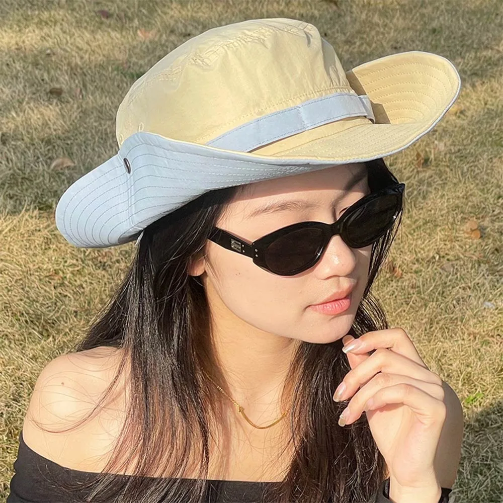 

Корейская альпинистская шляпа в стиле ретро с широкими полями, цветными вставками и быстросохнущим материалом.