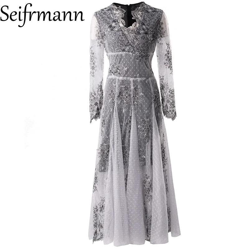 Seifrmann Spliced ​​mesh embroidery dress v-neck long-sleeved waist long dress 2026 autumn women's new style