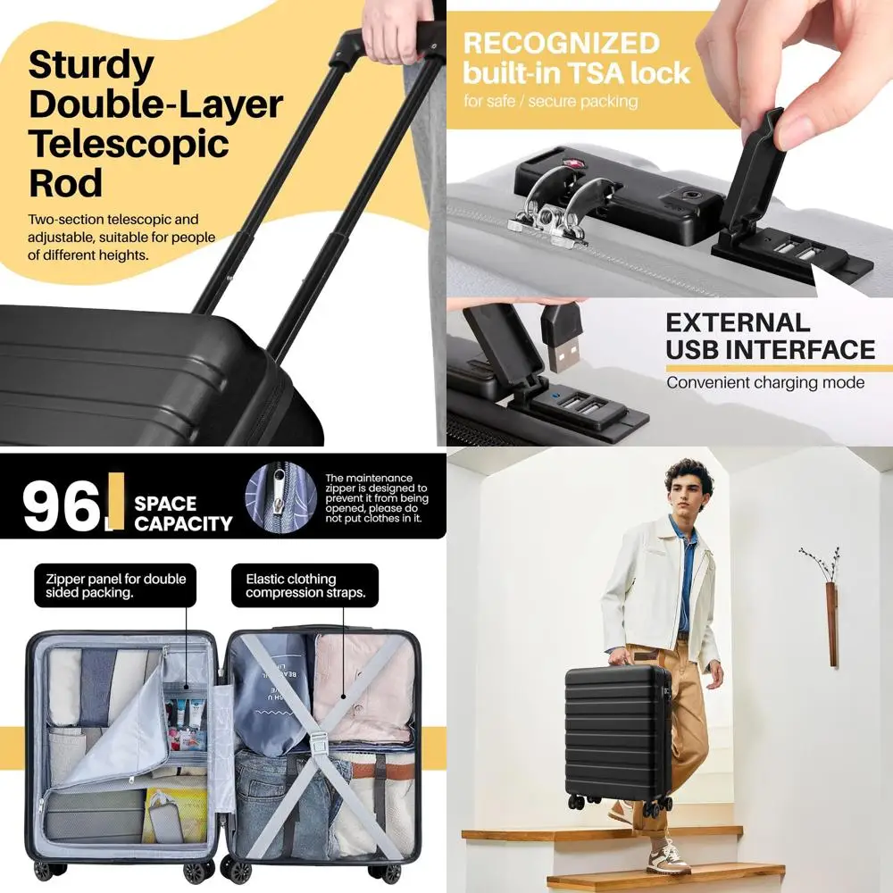 

Легкий чемодан из жесткого АБС-пластика с USB, колесами и замком TSA — большой размер 28 дюймов, черный