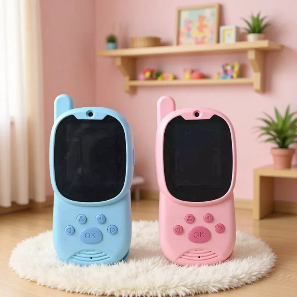Mini Walkie-Talkie z Kamerą dla Dzieci Niebiesko-Różowe Śliczne Ładowalne Interkom z Kamerą Zabawny Zmieniacz Głosu z Dużym Ekranem 2.0 cala