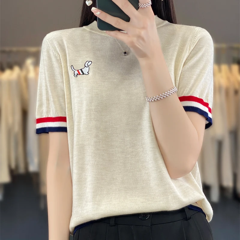 ADDONEE Spring Summer Women Preppy Style T-shirt Basic Casual Short Sleeve O-neck Pullover Sweater 30% Merino Wool Knitwear Tops