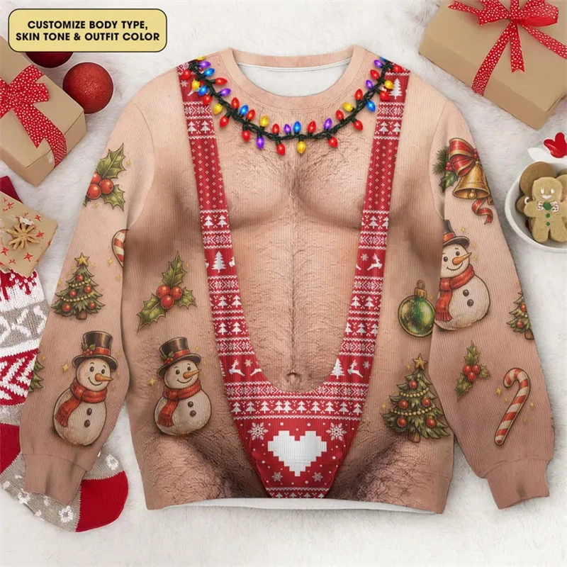 Funny Fake Muscle Santa Bikini Christmas Sweatshirt 3D Print Muscle Ugly Sweater Crewneck Long Sleeve Holiday Party Top Men Gift