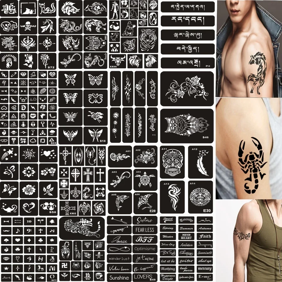 

5~99 Patterns/set Temporary Tattoo Stencils Skull Feather Owl Butterfly Henna Airbrush Glitter Tatoo Template Women Men Kids