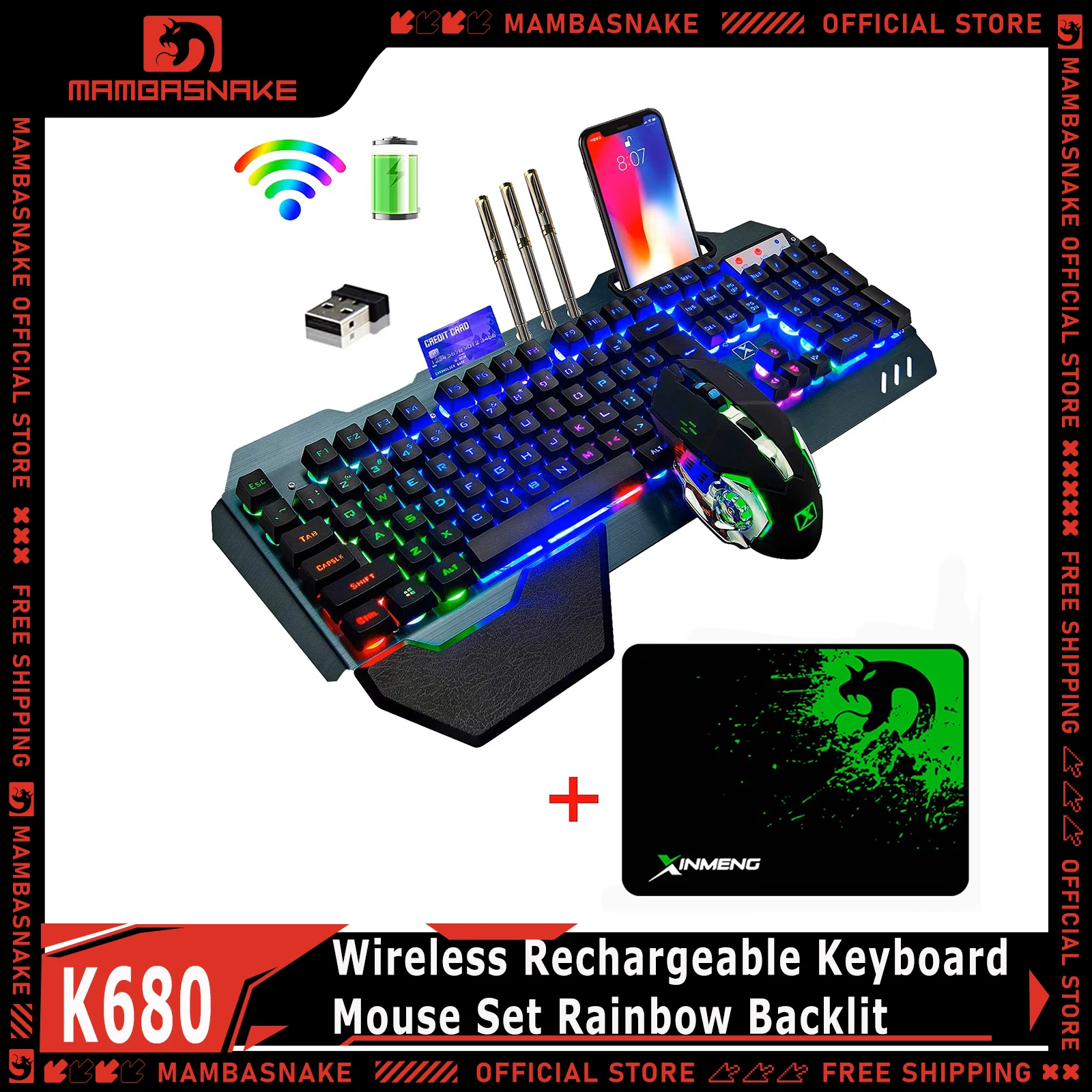 MAMBASNAKE K680 Wireless Rechargeable Keyboard Mouse Set 3800mAh Large Capacity Rainbow Backlit for Laptop Pc PS4 PS5 Xbox