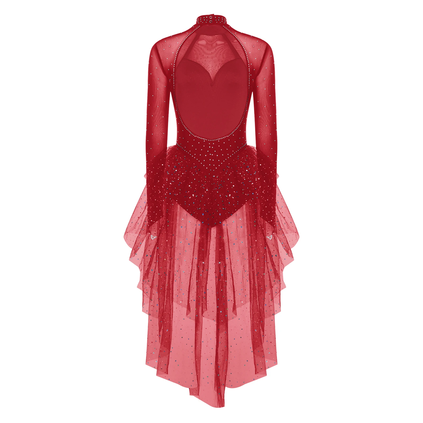 Damen Eiskunstlauf-Bodysuit mit Langen Ärmeln, Strass-Verzierung, Stufenförmigem Rüschen-Tüllrock, Leotard-Jumpsuit für Ballett-Wettbewerbe und Tanzbekleidung – Detail 25