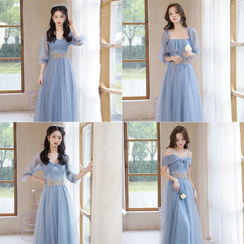 Blue Bridesmaid Dresses 2023 New French Wedding Sisters Group Fairy Sequin Evening Dress Floor-length Lace Up Party Gown Elegant