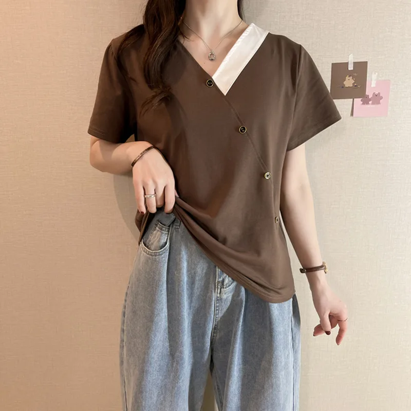 L-4XL Large Size Cotton Basic T-shirt Women Summer Casual Loose Short-sleeve Tops Button V-neck Tshirt Female Clothing Oversize