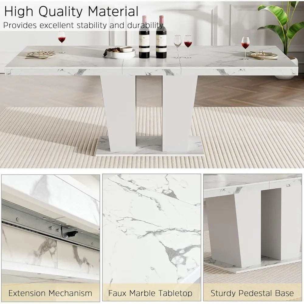 طاولة طعام رخامية كبيرة قابلة للتوسيع تتسع لـ 6-10 أشخاص مع قاعدة خشبية مزدوجة العمود #4