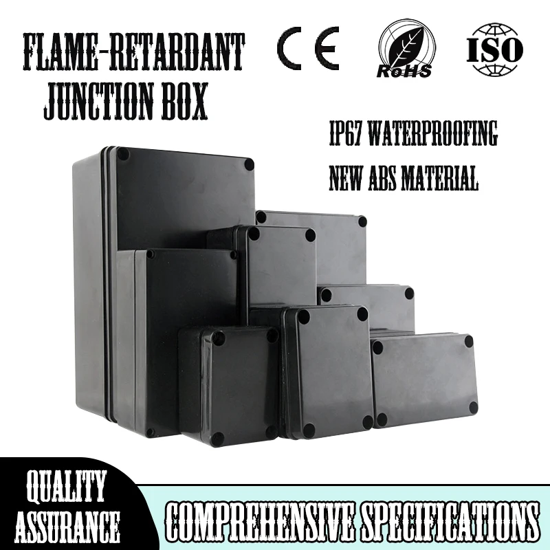 Black Flame-Retardant Outdoor Waterproof Junction Box, Made of ABS Material, with IP67 Water Resistance Rating