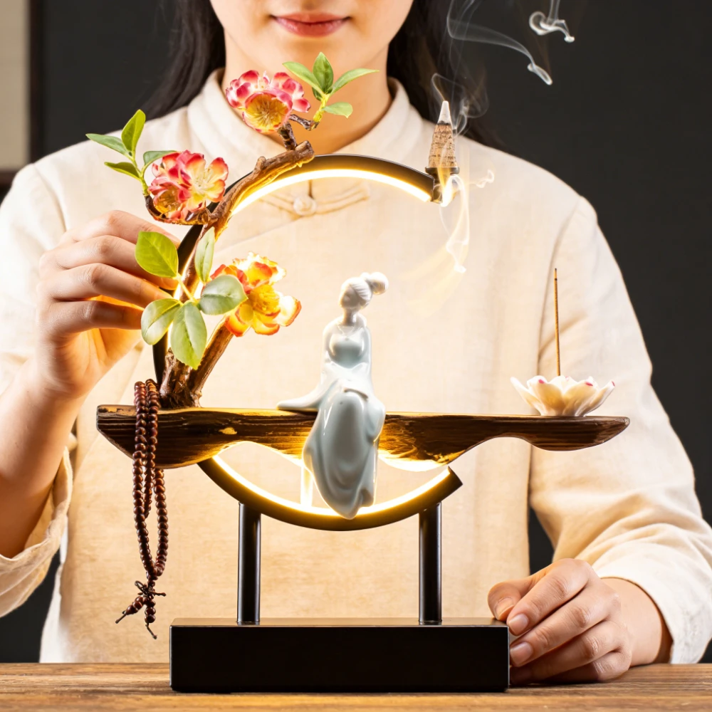 Creative New Chinese-style LED Light Ring Reverse-flow Scented Item, Living Room Entrance Decoration,Zen-themed Handicraft Item
