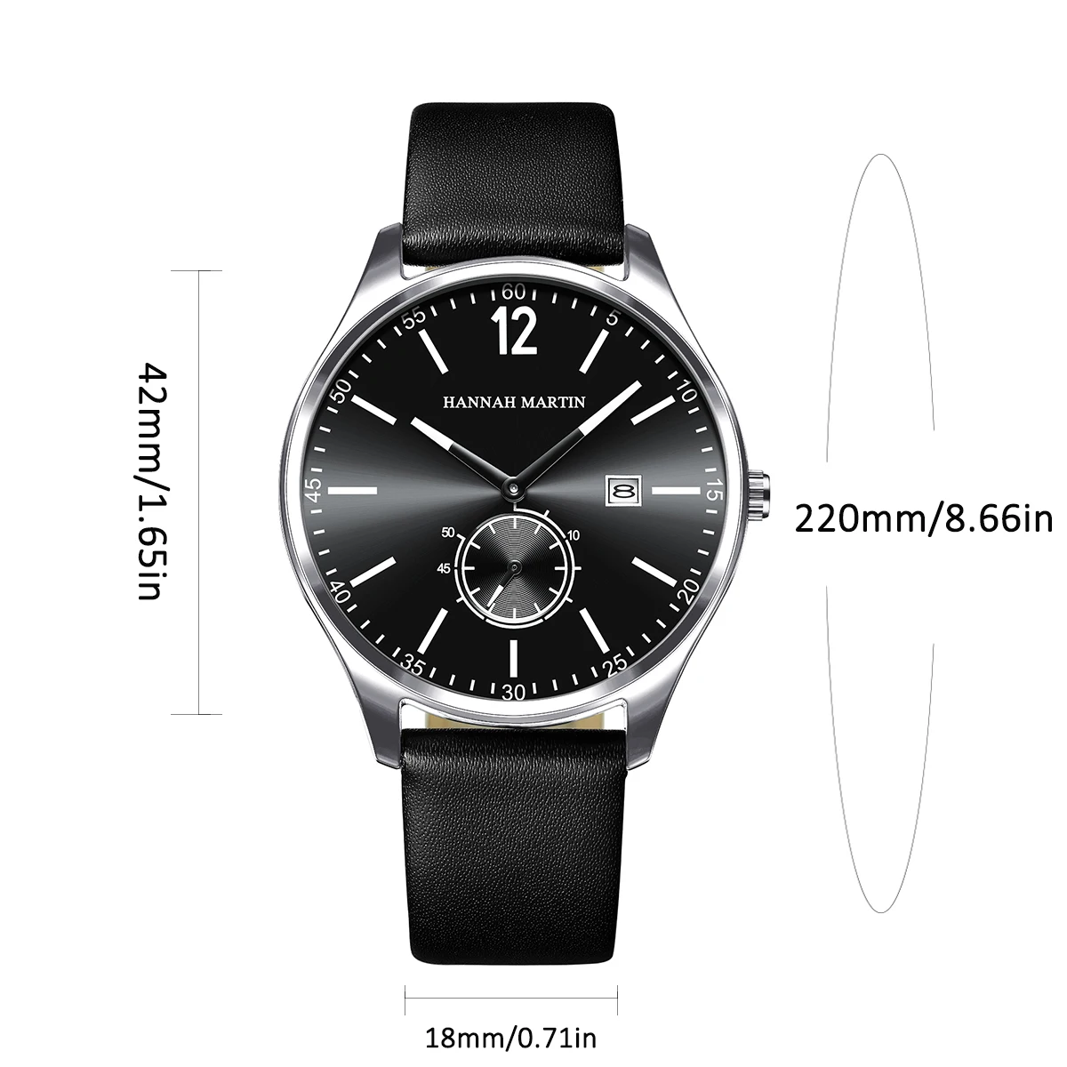 Hannah Martin Brand Men\'s Watch 42mm Silver Black Business Style Timing Small Dial Fashion Sports Leather Casual Men Wrist Watch