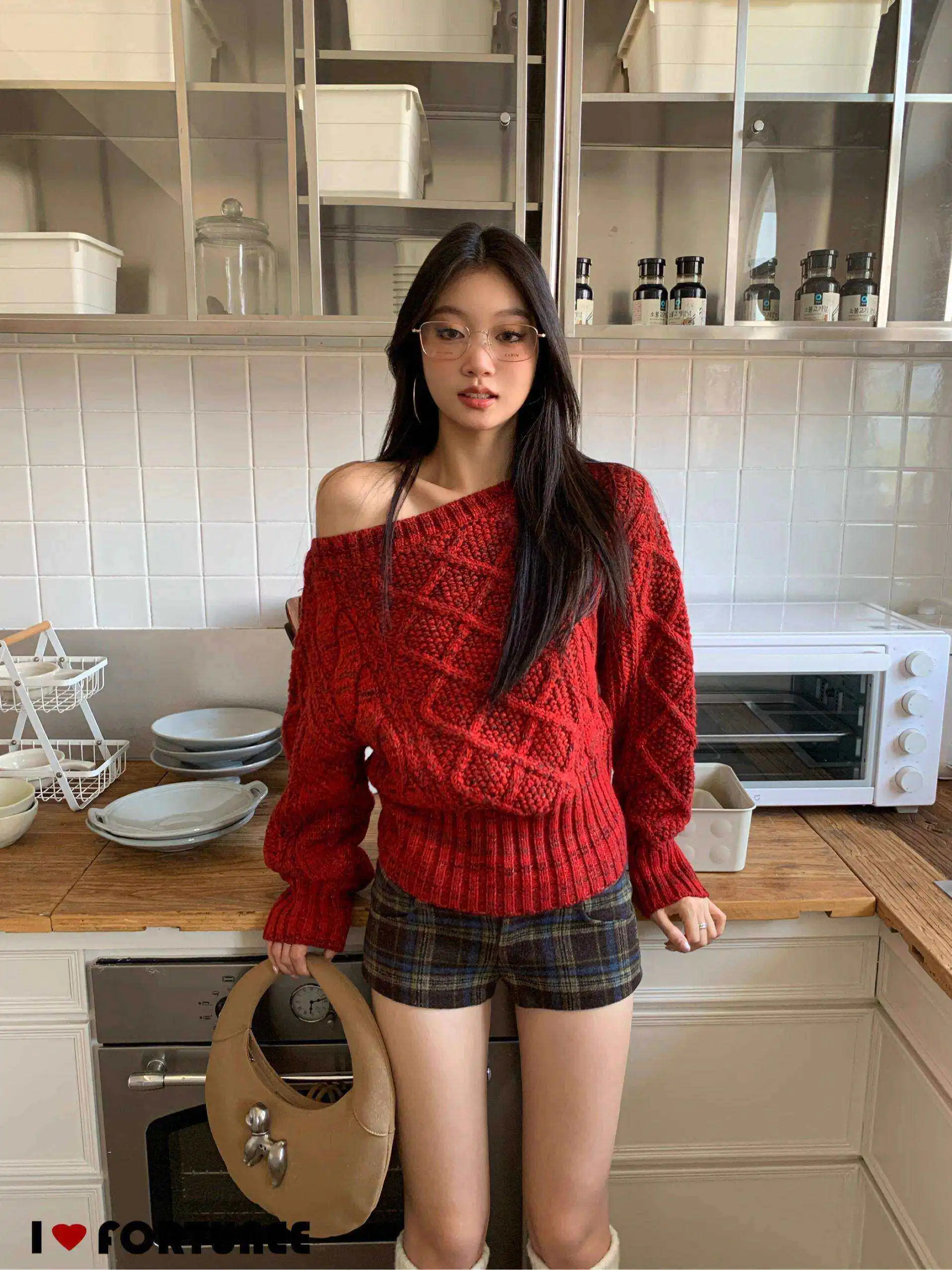 

Fortunee Original Red Design ort Diamond Pattern Knitted Sweater Women's Aosphere Sense Street Sle Loose Fit Long Sve