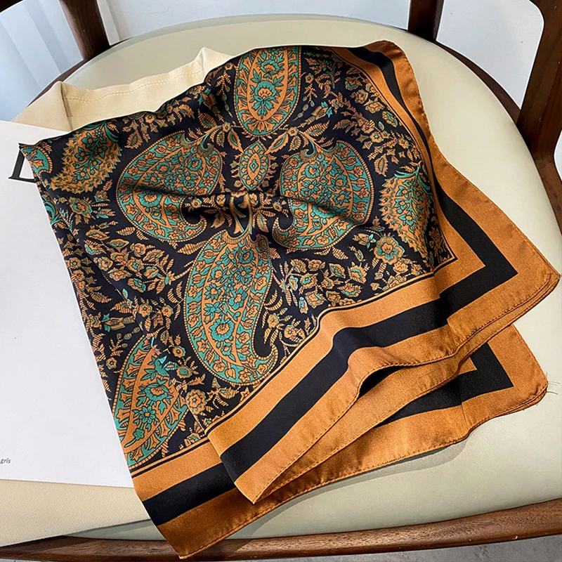 ファッションスクエアシルクスカーフサテンカシューフラワープリント小さなネックスカーフ女性スカーフハンカチバンダナショールアクセサリー 70 センチメートル