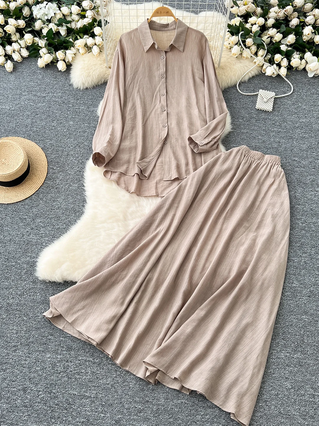 Croysier Office Lady Elegant Skirts Sets Lapel Collar Oversized Shirt And High Waist Long Skirt Two Piece Set Women Outfit 2024