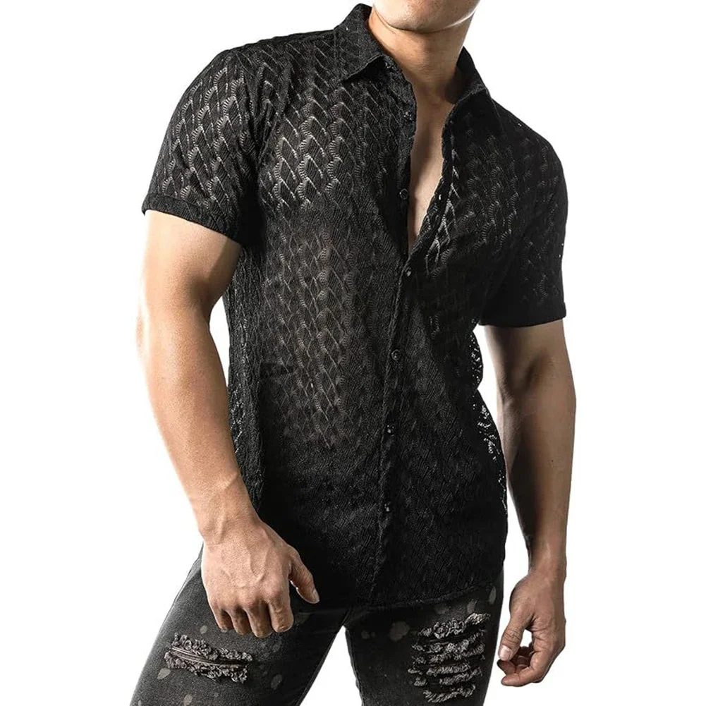

Mens Summer Mesh See Through Lace Short Sleeve Shirts Sexy Party Nightclub Tops
