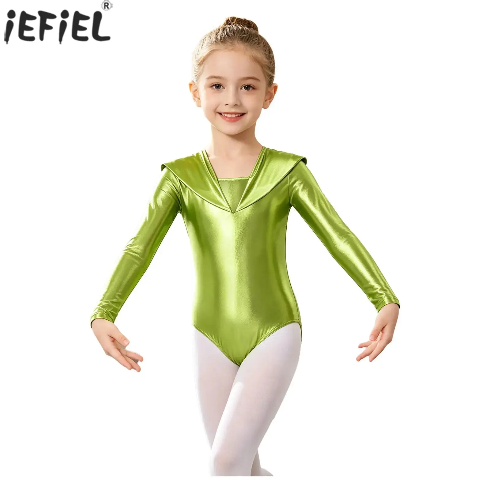 Kids Girls Alien Cosplay Costume Long Sleeve Metallic Shiny Ballet Dance Gymnastic Leotard for Halloween Theme Party Performance