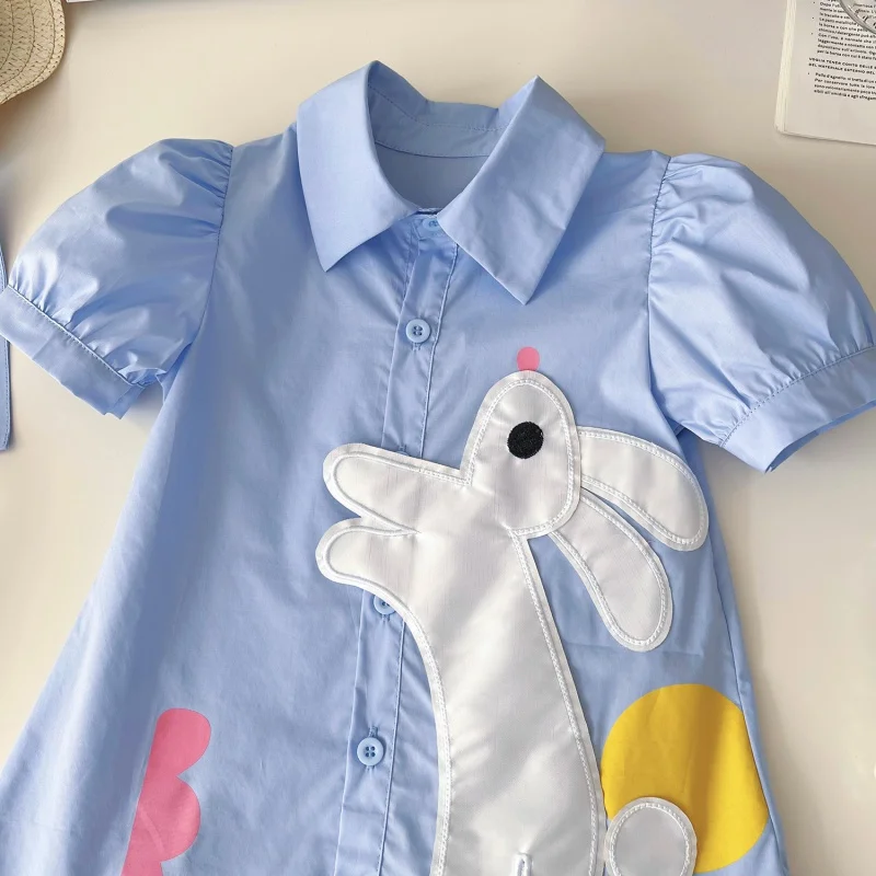 2024Summer New Girls' Bunny Embroidered Girls' Cute Short Sleeve Shirt Children Shirt24261