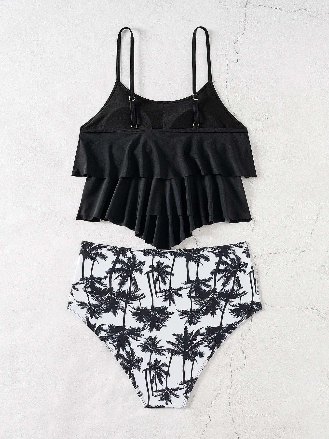 Black Big Ruffle Two Piece Suspender Swimsuit for Women High Waist Print Bikini Set Sexy Backless Bathing Suit Swimwear 2024 New