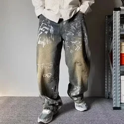 Neue Graffiti Gedruckt Baggy Jeans Für Männer Y2K Vintage Distressed Blau Harajuku Denim Hosen High Street Gerade-bein Jean hosen