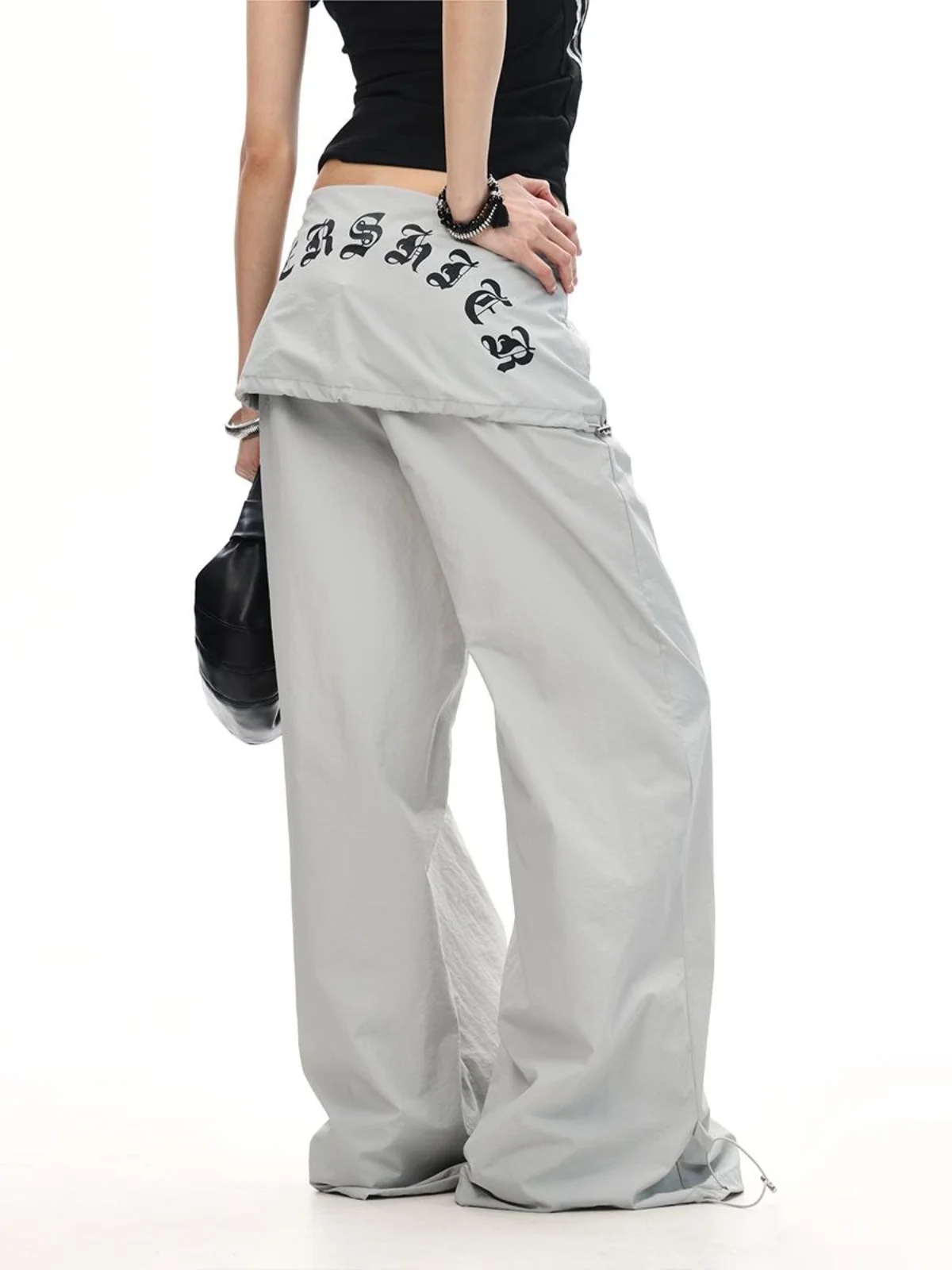 

023Start Men's Casual Pants Skirt Hem Splicing Loose Wide Leg Street Dance Sle American Retro Hip Hop Loose Fit Trousers