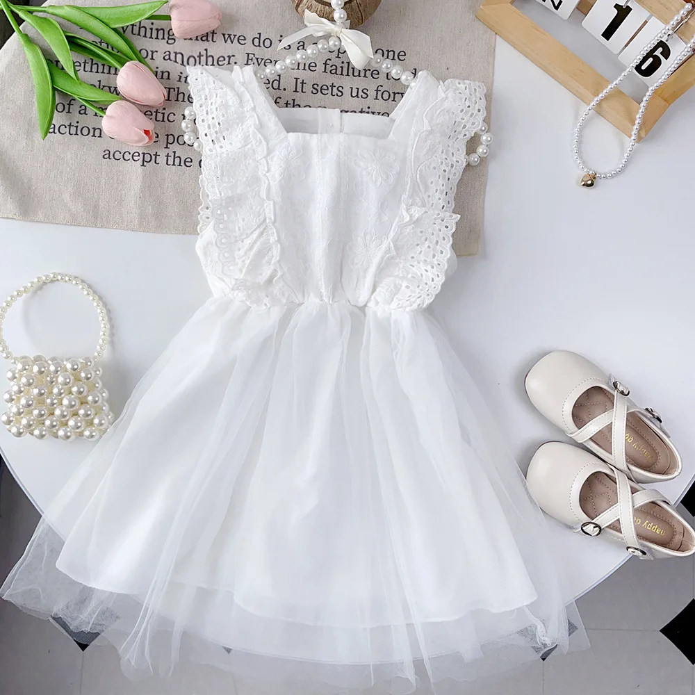 2023 Summer New Arrival Girls Sleeveless Ruffles Mesh White Roupa Infantil Menina Cute Dress Custume 3-7T