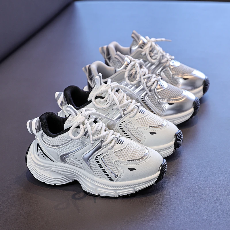 

Дышащие повседневные спортивные туфли для детей, весна 2026, новая модель, из натуральной кожи, удобные, универсальные, на толстой подошве, с сетчатым верхом