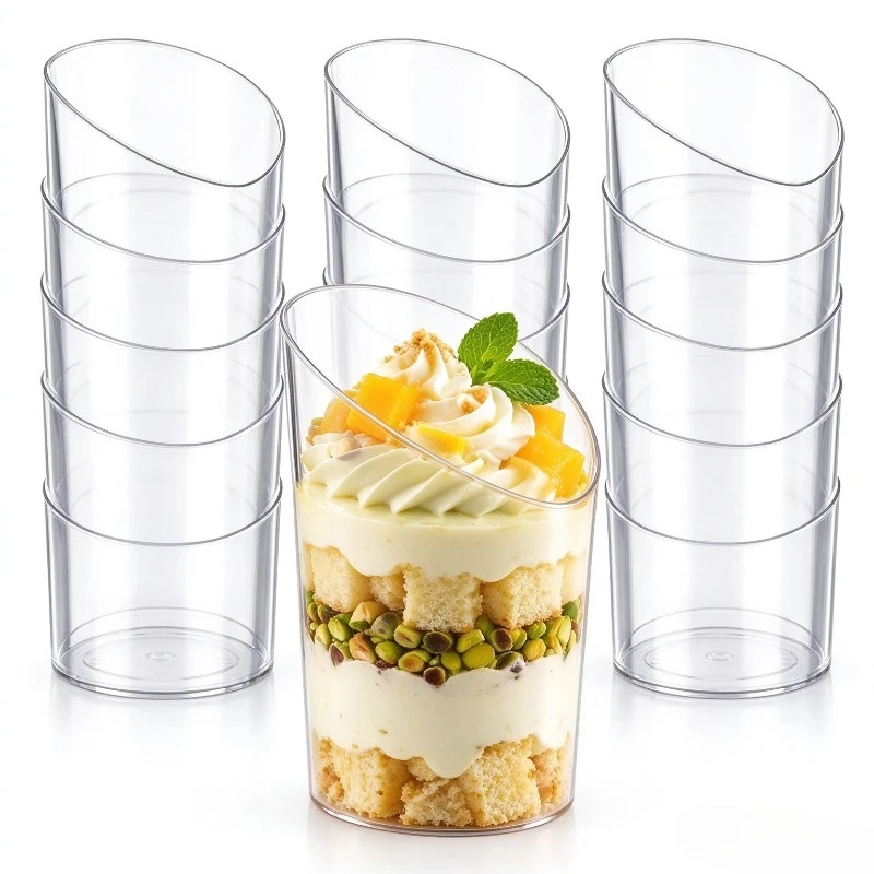 20PCSClear Slanted Dessert Cups Clear Slanted Dessert Cups  Round Angled Rim Parfait Cups Mousse Pudding Tiramisu Fruit Salad