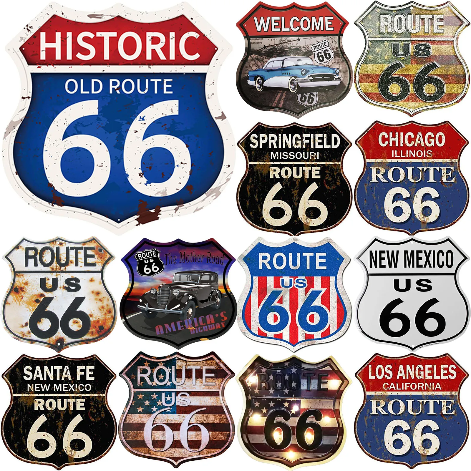 Route Historic 66 Road Metal Tin Signs Vintage Room Decor Retro Road Sign for Home Room & Garage Wall Decoration 12× 12 Inches