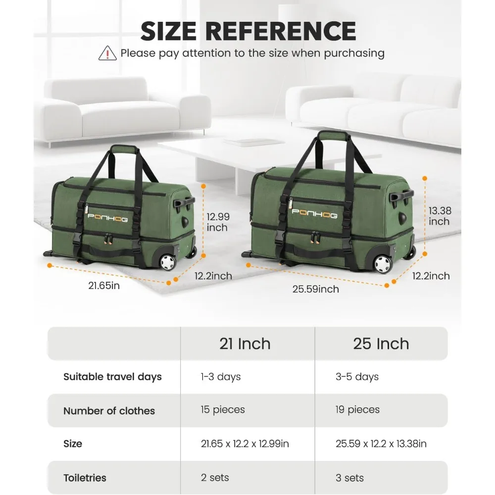 حقيبة كبيرة مقاومة للماء مع عجلات وحجرة أحذية للسفر للرجال